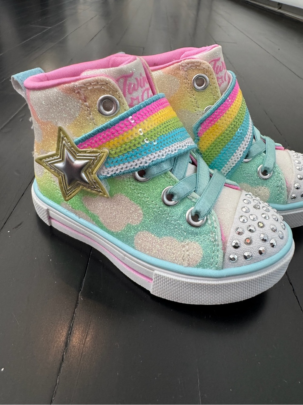 Kids High-Top Glitter Light Up Sneakers with Rainbow Strap - Mint & Pink